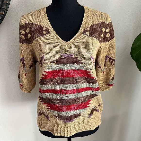 Ralph Lauren Women’s Hand Knit Southwest Silk Linen V-Neck Sweater Jumper Large - Picture 1 of 16